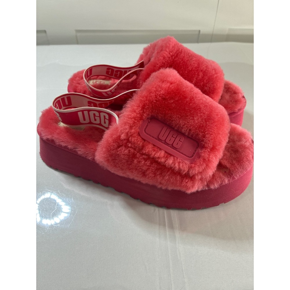 UGG Fluffita Pink Sheepskin Platform Slingback Slides Sandals 1113477 Womens 8